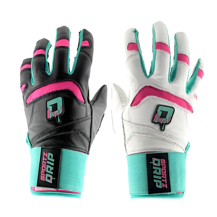 Black and White Clash Youth mismatched batting gloves with vibrant teal, pink, and Sportz drip logo accents