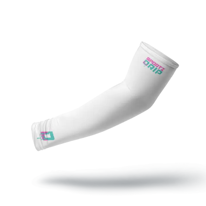 White Youth Baseball Compression Arm Sleeves by Sportz Drip featuring pink, teal, and purple branding on the bicep and wrist.