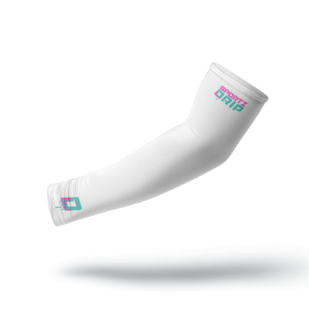 White Youth Baseball Compression Arm Sleeves by Sportz Drip featuring pink, teal, and purple branding on the bicep and wrist.