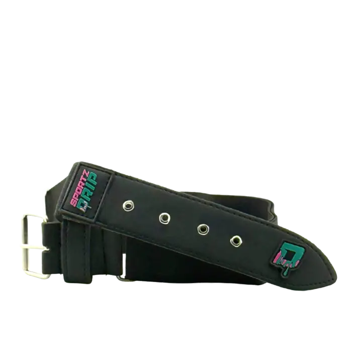 Black Sportz Drip adjustable youth baseball belt with stainless steel buckle and eyelets, featuring colorful embroidered logo accents.